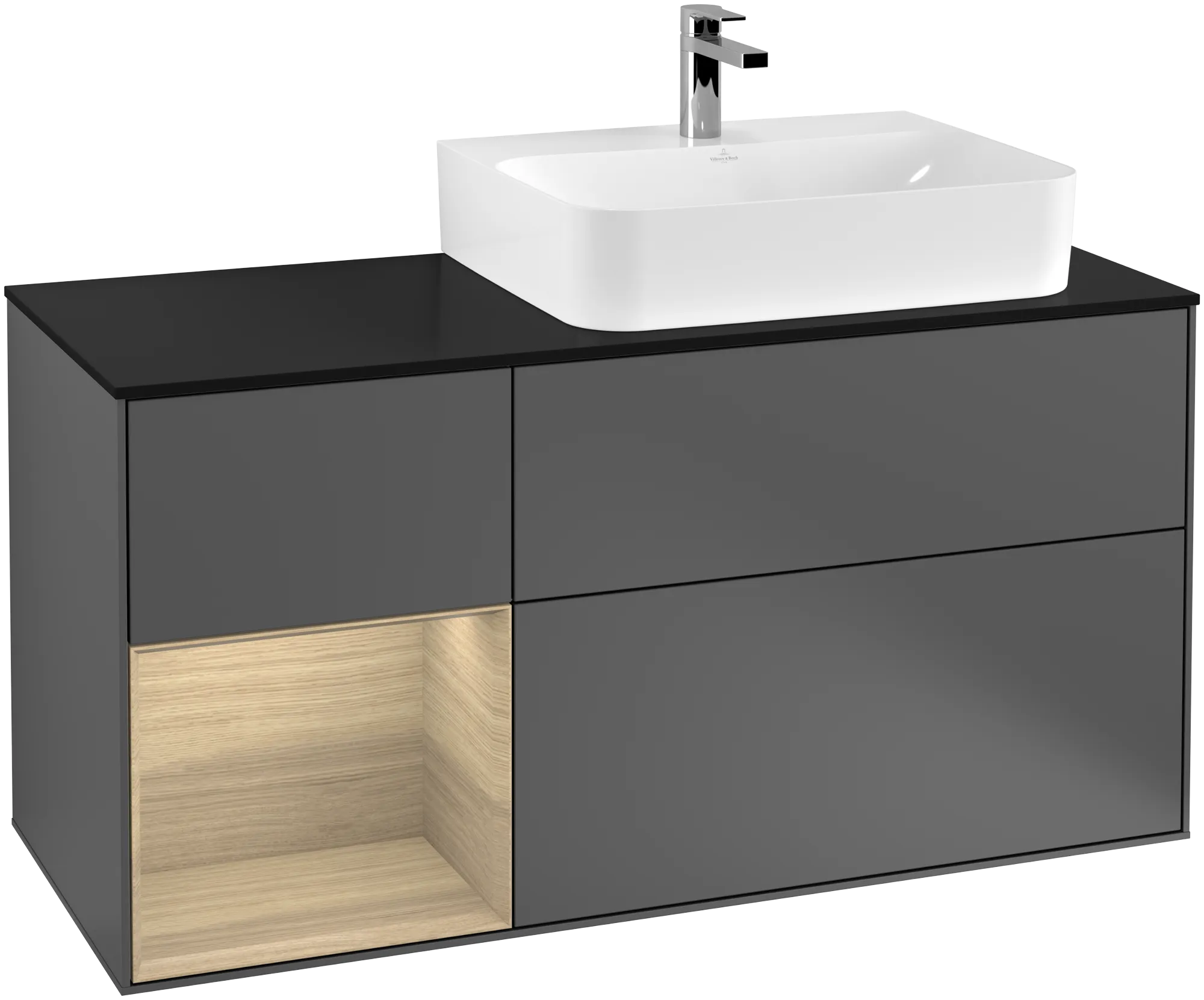 Bild von VILLEROY BOCH Finion Waschbeckenunterschrank, mit Beleuchtung, 3 Auszüge, 1200 x 603 x 501 mm, Anthracite Matt Lacquer / Oak Veneer / Glass Black Matt #G142PCGK