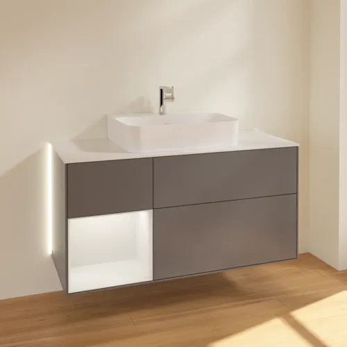 Bild von VILLEROY BOCH Finion Waschbeckenunterschrank, mit Beleuchtung, 3 Auszüge, 1200 x 603 x 501 mm, Anthracite Matt Lacquer / Walnut Veneer / Glass White Matt #G161GNGK