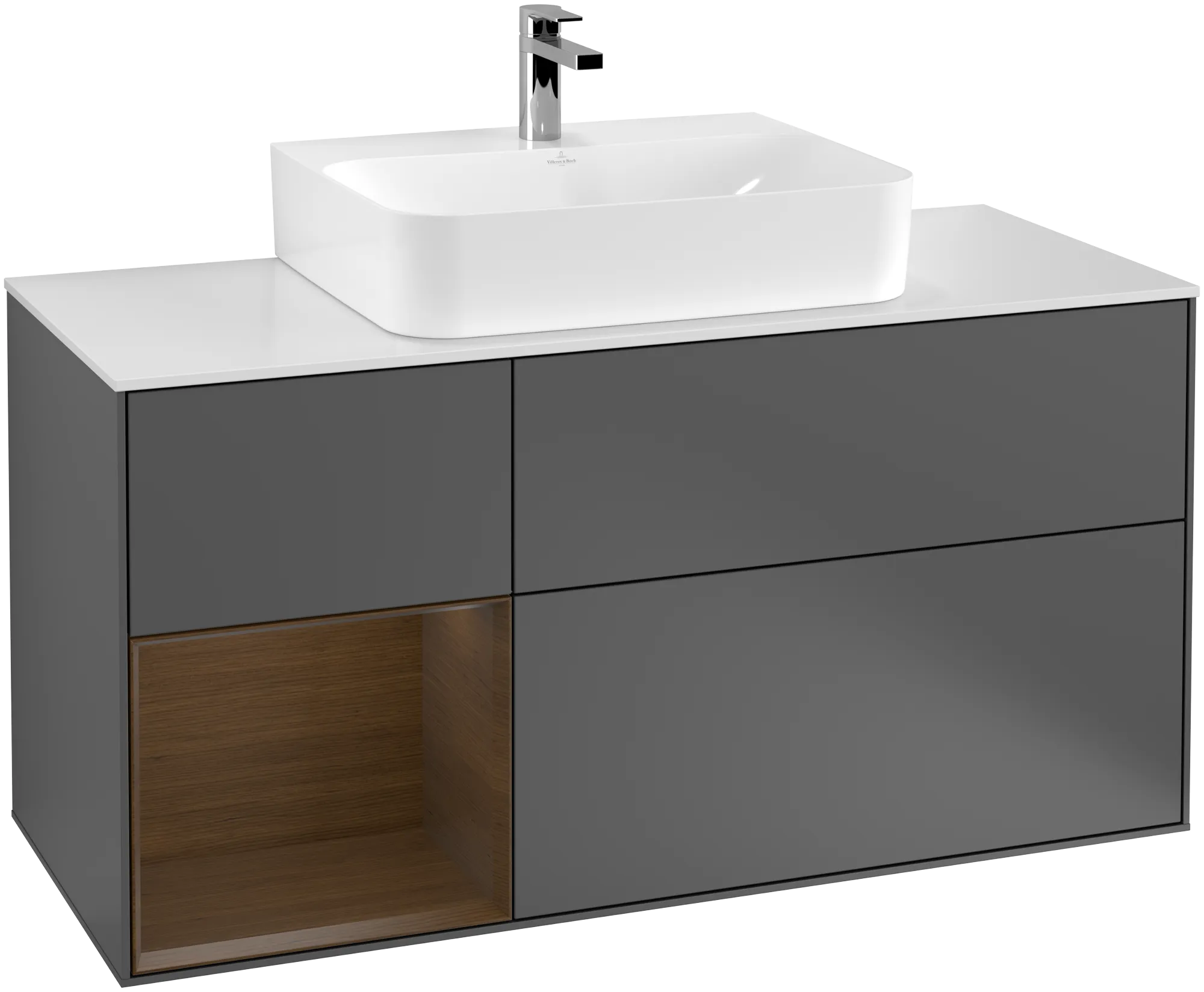 Bild von VILLEROY BOCH Finion Waschbeckenunterschrank, mit Beleuchtung, 3 Auszüge, 1200 x 603 x 501 mm, Anthracite Matt Lacquer / Walnut Veneer / Glass White Matt #G161GNGK