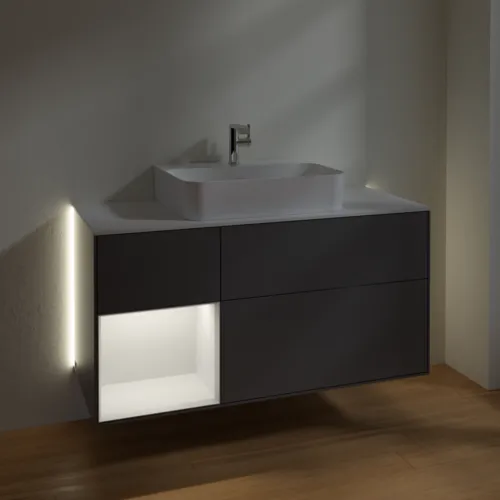Bild von VILLEROY BOCH Finion Waschbeckenunterschrank, mit Beleuchtung, 3 Auszüge, 1200 x 603 x 501 mm, Anthracite Matt Lacquer / Walnut Veneer / Glass White Matt #G161GNGK