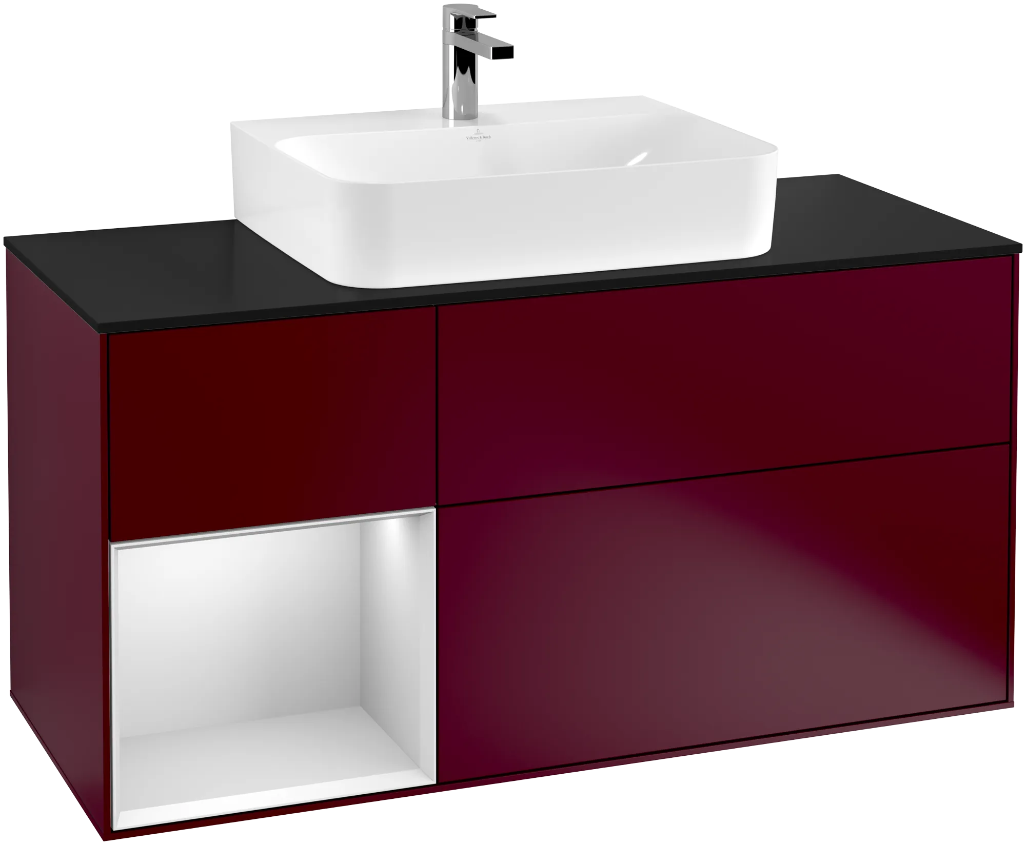 Bild von VILLEROY BOCH Finion Waschbeckenunterschrank, mit Beleuchtung, 3 Auszüge, 1200 x 603 x 501 mm, Peony Matt Lacquer / White Matt Lacquer / Glass Black Matt #G162MTHB