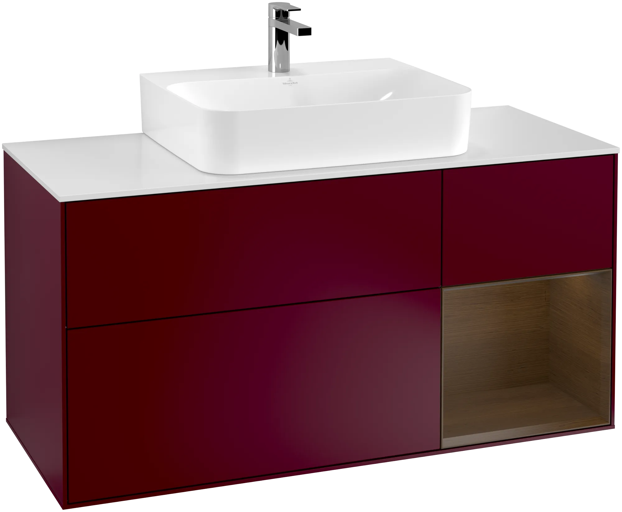 Bild von VILLEROY BOCH Finion Waschbeckenunterschrank, mit Beleuchtung, 3 Auszüge, 1200 x 603 x 501 mm, Peony Matt Lacquer / Walnut Veneer / Glass White Matt #G171GNHB