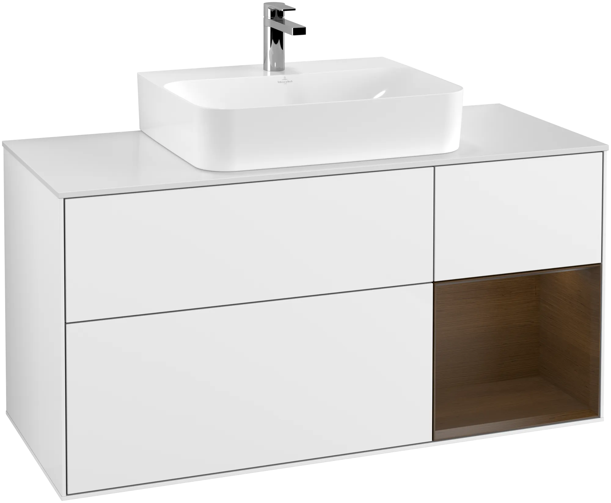 Bild von VILLEROY BOCH Finion Waschbeckenunterschrank, mit Beleuchtung, 3 Auszüge, 1200 x 603 x 501 mm, Glossy White Lacquer / Walnut Veneer / Glass White Matt #G171GNGF