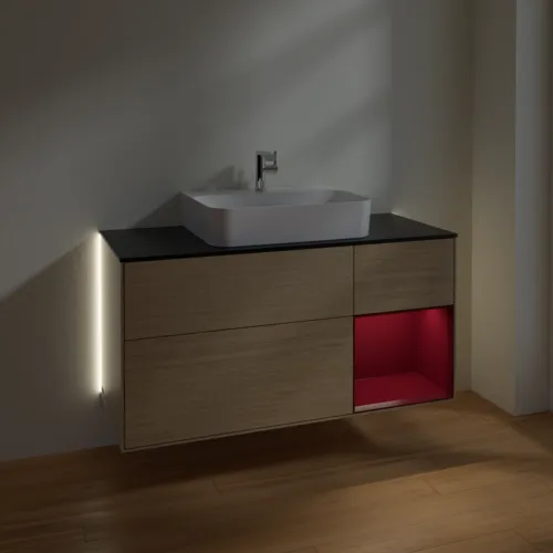 Bild von VILLEROY BOCH Finion Waschbeckenunterschrank, mit Beleuchtung, 3 Auszüge, 1200 x 603 x 501 mm, Oak Veneer / Peony Matt Lacquer / Glass Black Matt #G172HBPC