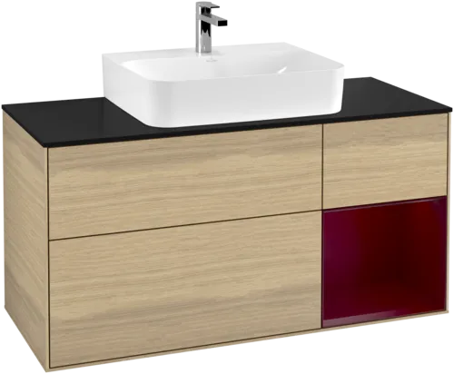Bild von VILLEROY BOCH Finion Waschbeckenunterschrank, mit Beleuchtung, 3 Auszüge, 1200 x 603 x 501 mm, Oak Veneer / Peony Matt Lacquer / Glass Black Matt #G172HBPC