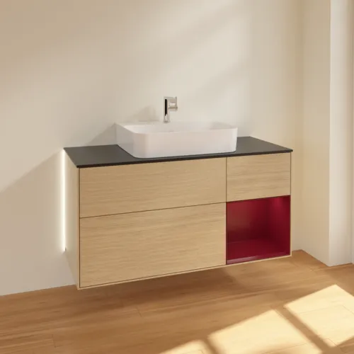 Bild von VILLEROY BOCH Finion Waschbeckenunterschrank, mit Beleuchtung, 3 Auszüge, 1200 x 603 x 501 mm, Oak Veneer / Peony Matt Lacquer / Glass Black Matt #G172HBPC