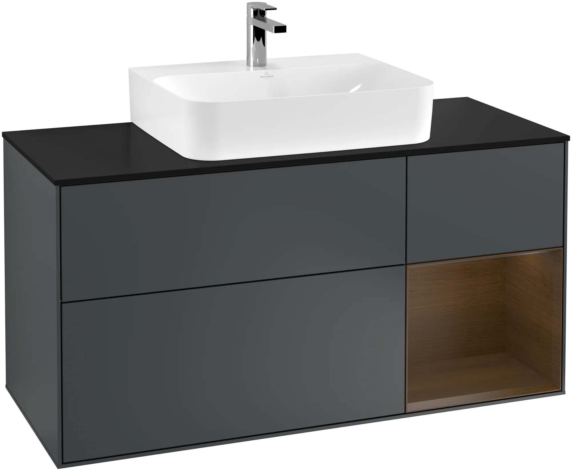 Bild von VILLEROY BOCH Finion Waschbeckenunterschrank, mit Beleuchtung, 3 Auszüge, 1200 x 603 x 501 mm, Midnight Blue Matt Lacquer / Walnut Veneer / Glass Black Matt #G172GNHG