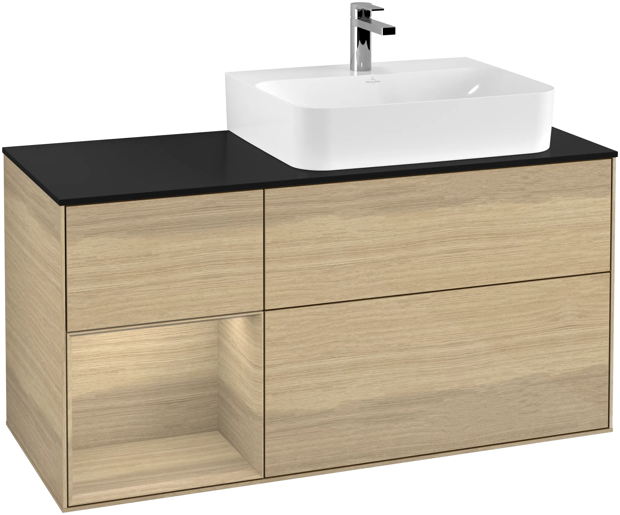 Bild von VILLEROY BOCH Finion Waschbeckenunterschrank, mit Beleuchtung, 3 Auszüge, 1200 x 603 x 501 mm, Oak Veneer / Oak Veneer / Glass Black Matt #G142PCPC