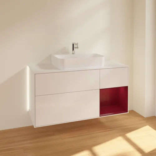 Bild von VILLEROY BOCH Finion Waschbeckenunterschrank, mit Beleuchtung, 3 Auszüge, 1200 x 603 x 501 mm, Glossy White Lacquer / Peony Matt Lacquer / Glass White Matt #G171HBGF