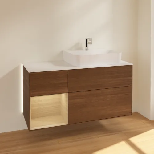 Obrázek VILLEROY BOCH Finion Vanity unit, with lighting, 3 pull-out compartments, 1200 x 603 x 501 mm, Walnut Veneer / Oak Veneer / Glass White Matt #G141PCGN