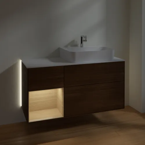 Obrázek VILLEROY BOCH Finion Vanity unit, with lighting, 3 pull-out compartments, 1200 x 603 x 501 mm, Walnut Veneer / Oak Veneer / Glass White Matt #G141PCGN