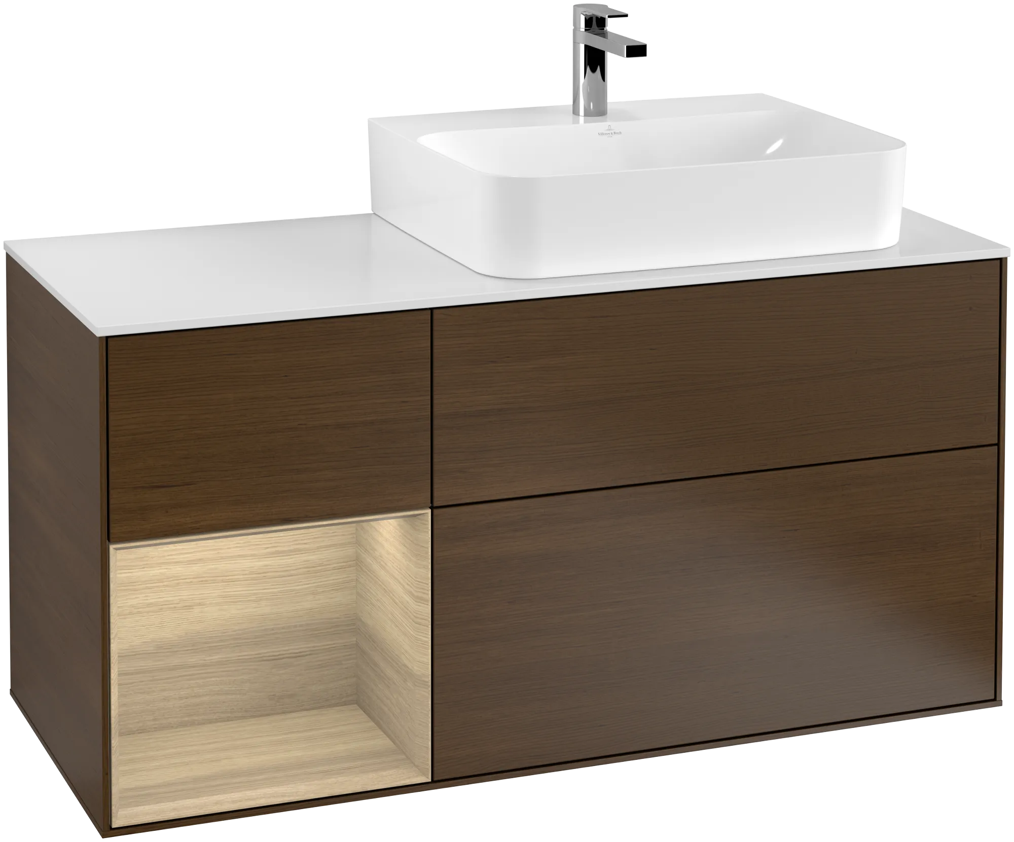 Bild von VILLEROY BOCH Finion Waschbeckenunterschrank, mit Beleuchtung, 3 Auszüge, 1200 x 603 x 501 mm, Walnut Veneer / Oak Veneer / Glass White Matt #G141PCGN