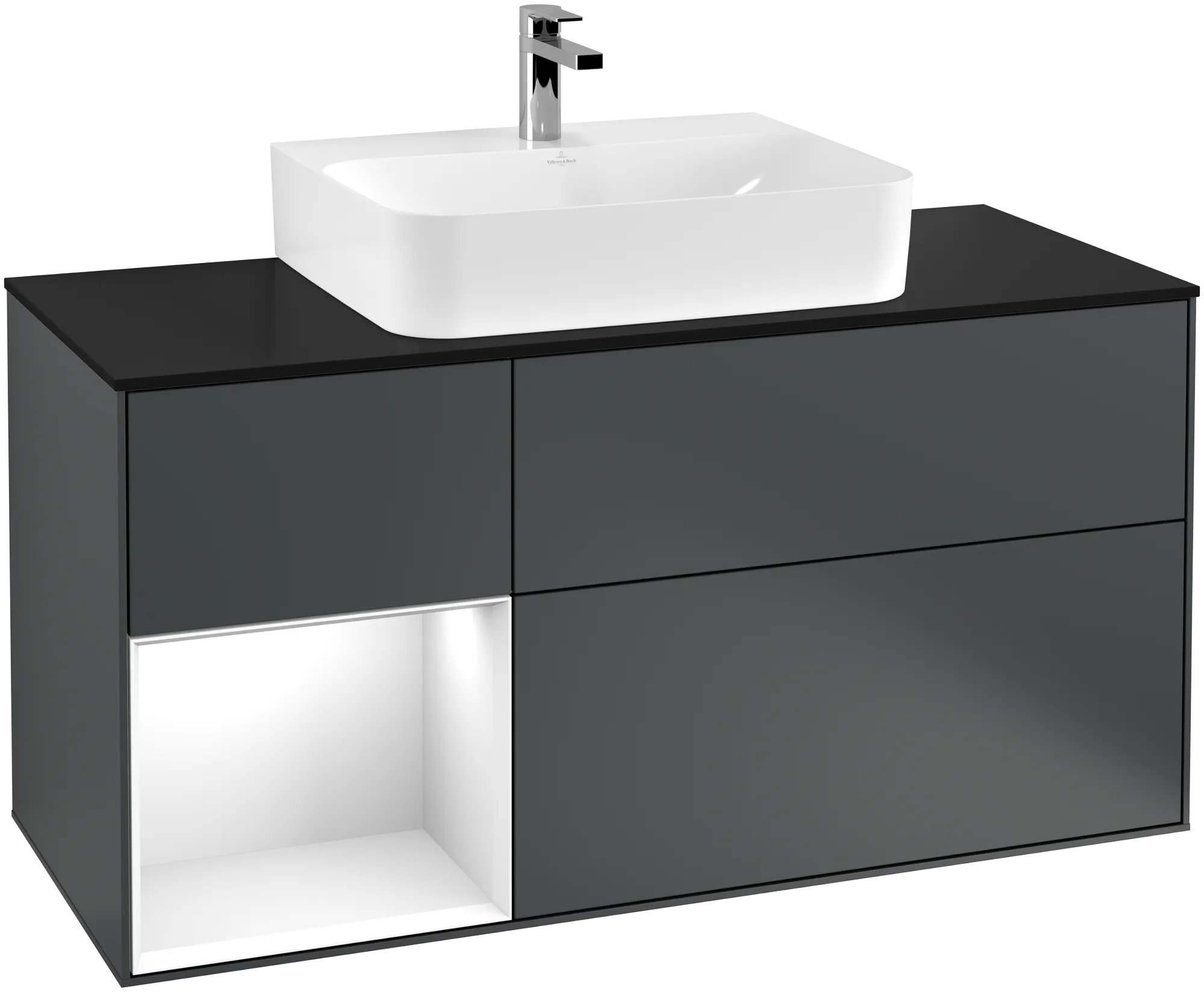 Bild von VILLEROY BOCH Finion Waschbeckenunterschrank, mit Beleuchtung, 3 Auszüge, 1200 x 603 x 501 mm, Midnight Blue Matt Lacquer / Glossy White Lacquer / Glass Black Matt #G162GFHG