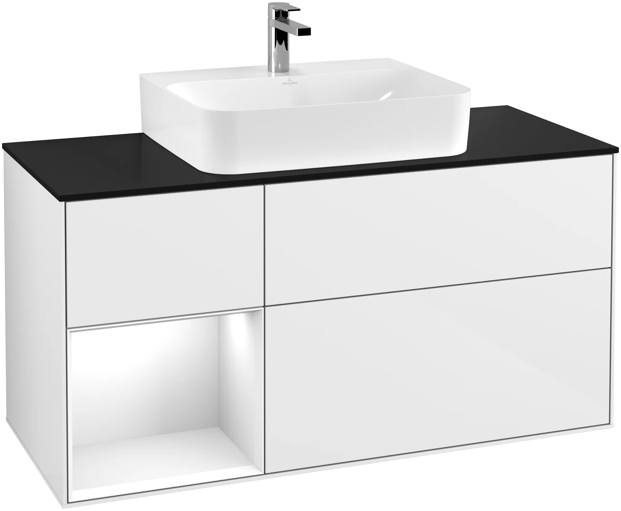 Bild von VILLEROY BOCH Finion Waschbeckenunterschrank, mit Beleuchtung, 3 Auszüge, 1200 x 603 x 501 mm, Glossy White Lacquer / Glossy White Lacquer / Glass Black Matt #G162GFGF