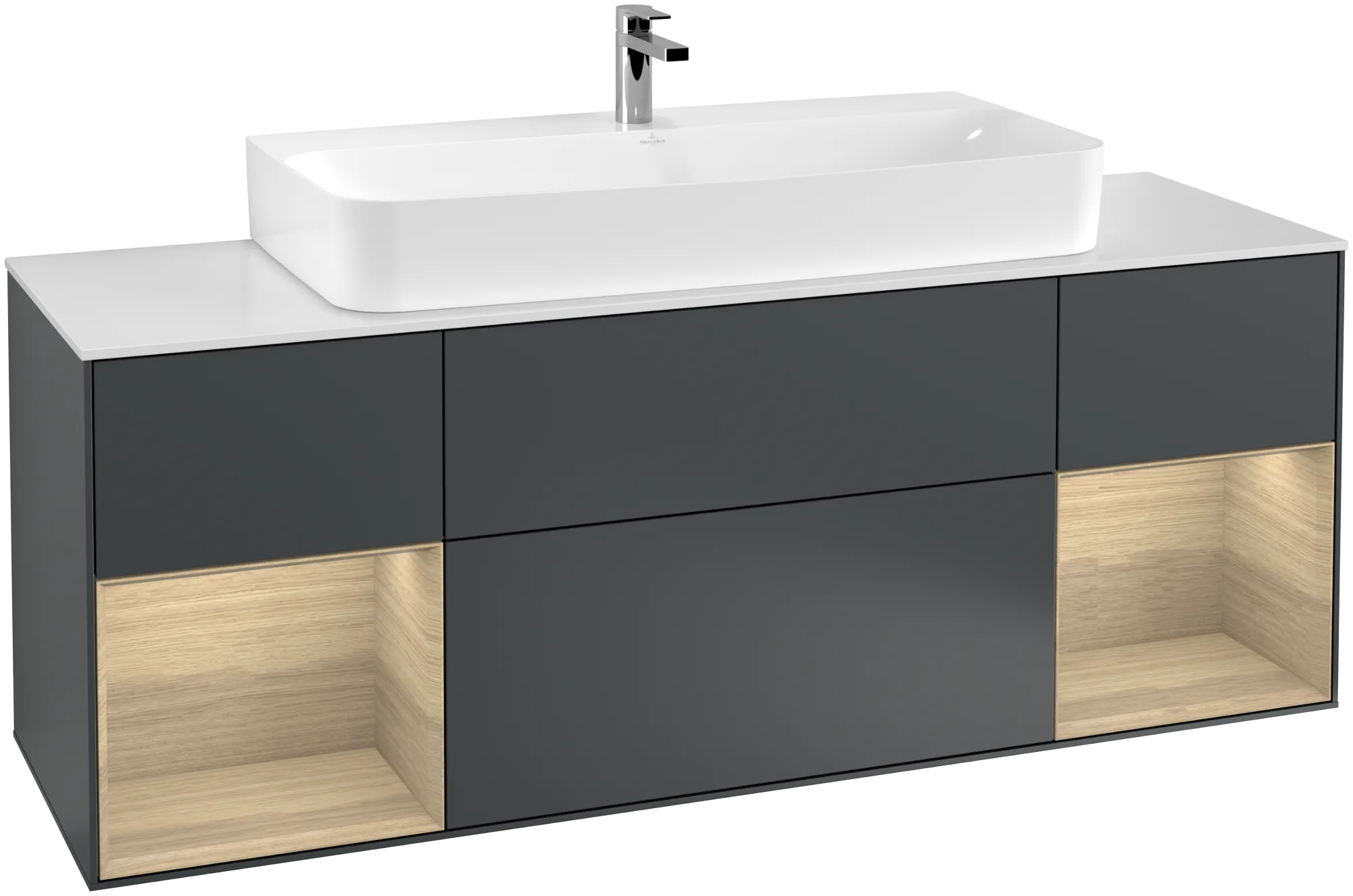 Bild von VILLEROY BOCH Finion Waschbeckenunterschrank, mit Beleuchtung, 4 Auszüge, 1600 x 603 x 501 mm, Midnight Blue Matt Lacquer / Oak Veneer / Glass White Matt #G211PCHG