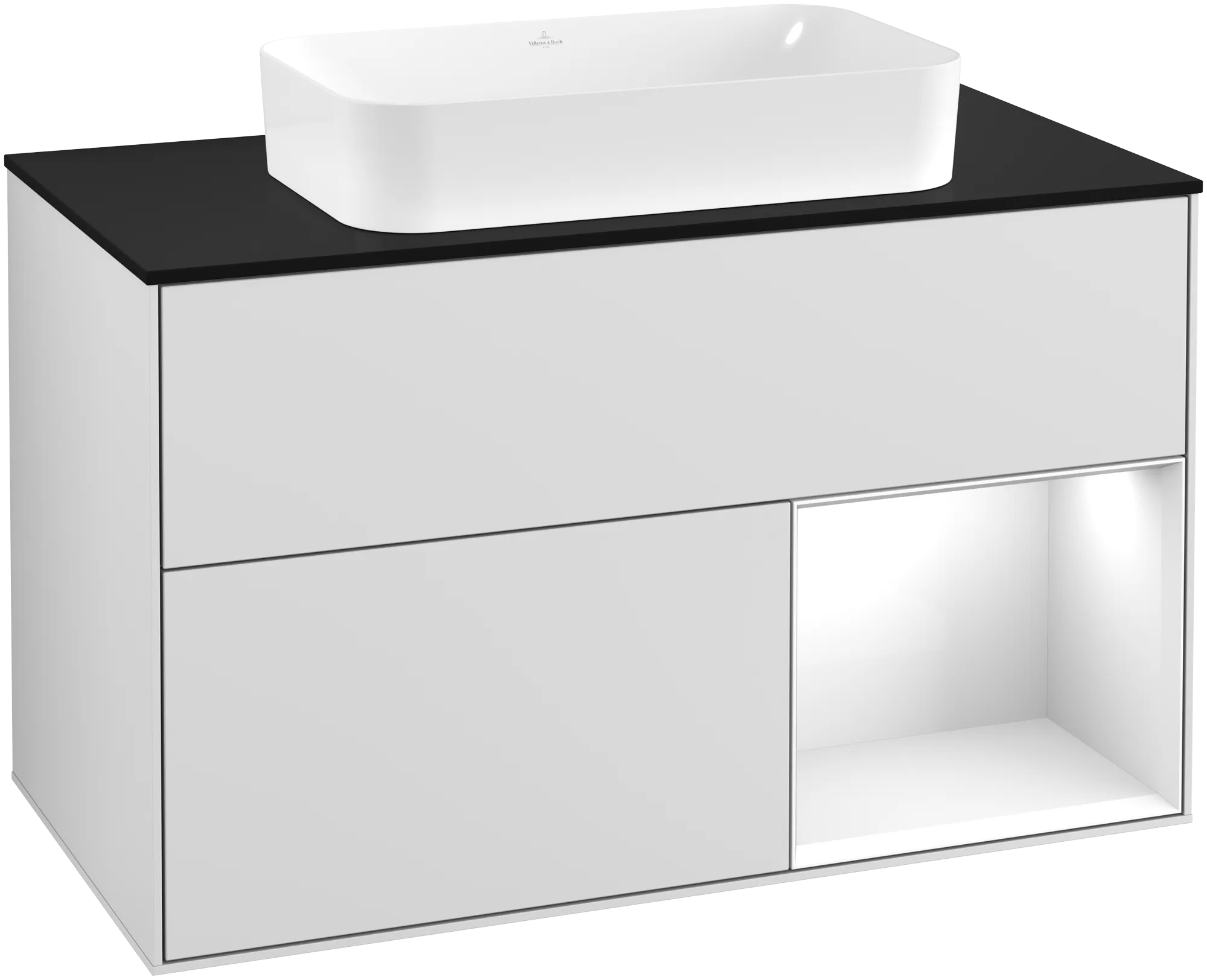 Bild von VILLEROY BOCH Finion Waschbeckenunterschrank, mit Beleuchtung, 2 Auszüge, 1000 x 603 x 501 mm, White Matt Lacquer / Glossy White Lacquer / Glass Black Matt #G252GFMT