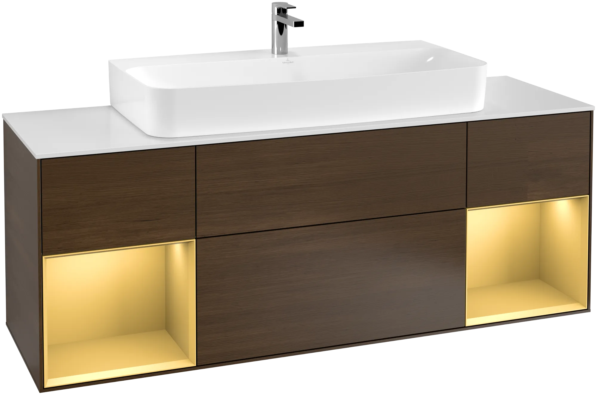 Bild von VILLEROY BOCH Finion Waschbeckenunterschrank, mit Beleuchtung, 4 Auszüge, 1600 x 603 x 501 mm, Walnut Veneer / Gold Matt Lacquer / Glass White Matt #G211HFGN