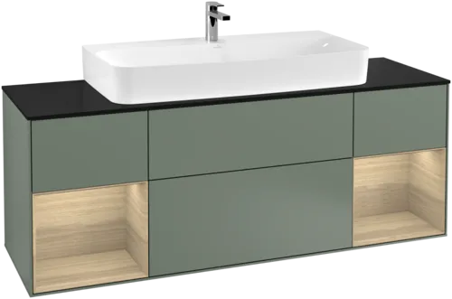 Bild von VILLEROY BOCH Finion Waschbeckenunterschrank, mit Beleuchtung, 4 Auszüge, 1600 x 603 x 501 mm, Olive Matt Lacquer / Oak Veneer / Glass Black Matt #G212PCGM