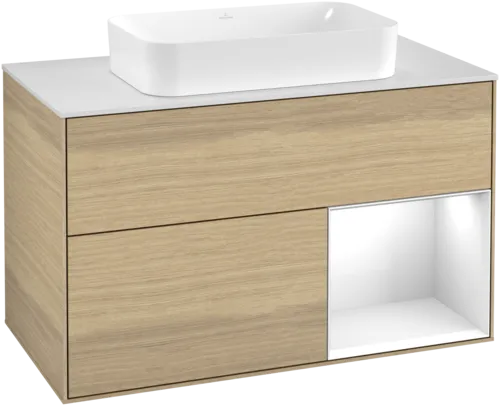 Bild von VILLEROY BOCH Finion Waschbeckenunterschrank, mit Beleuchtung, 2 Auszüge, 1000 x 603 x 501 mm, Oak Veneer / Glossy White Lacquer / Glass White Matt #G251GFPC