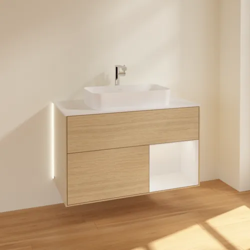 Bild von VILLEROY BOCH Finion Waschbeckenunterschrank, mit Beleuchtung, 2 Auszüge, 1000 x 603 x 501 mm, Oak Veneer / Glossy White Lacquer / Glass White Matt #G251GFPC