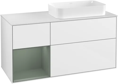 Bild von VILLEROY BOCH Finion Waschbeckenunterschrank, mit Beleuchtung, 3 Auszüge, 1200 x 603 x 501 mm, Glossy White Lacquer / Olive Matt Lacquer / Glass White Matt #G271GMGF