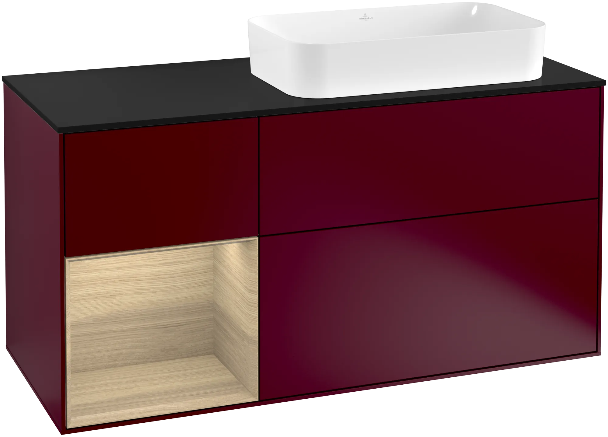 Bild von VILLEROY BOCH Finion Waschbeckenunterschrank, mit Beleuchtung, 3 Auszüge, 1200 x 603 x 501 mm, Peony Matt Lacquer / Oak Veneer / Glass Black Matt #G272PCHB