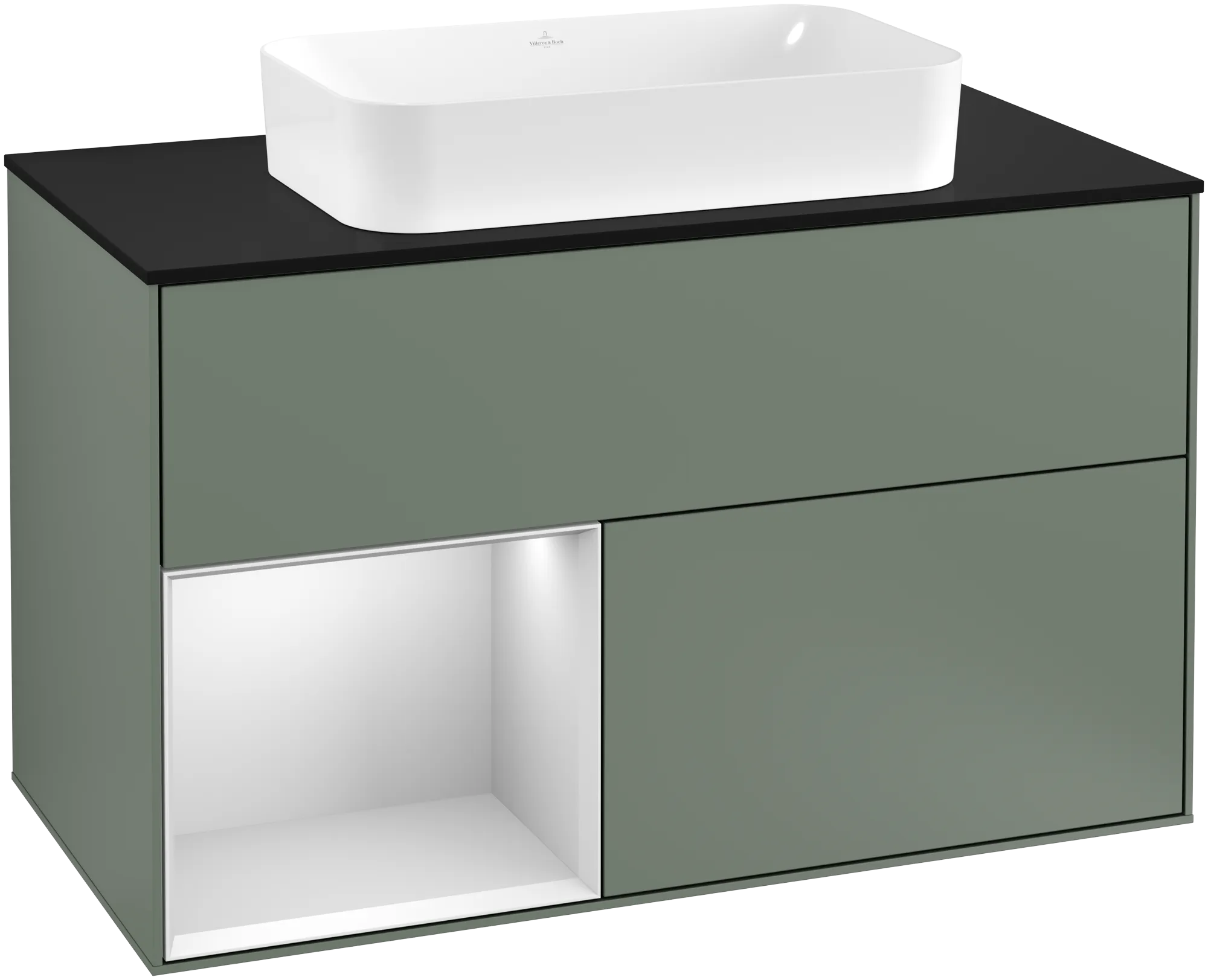 Bild von VILLEROY BOCH Finion Waschbeckenunterschrank, mit Beleuchtung, 2 Auszüge, 1000 x 603 x 501 mm, Olive Matt Lacquer / White Matt Lacquer / Glass Black Matt #G242MTGM