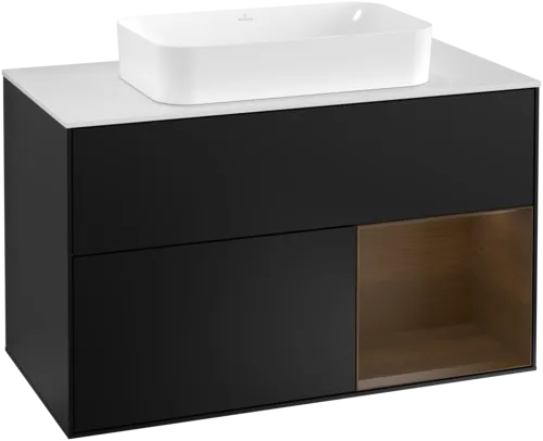 Bild von VILLEROY BOCH Finion Waschbeckenunterschrank, mit Beleuchtung, 2 Auszüge, 1000 x 603 x 501 mm, Black Matt Lacquer / Walnut Veneer / Glass White Matt #G251GNPD