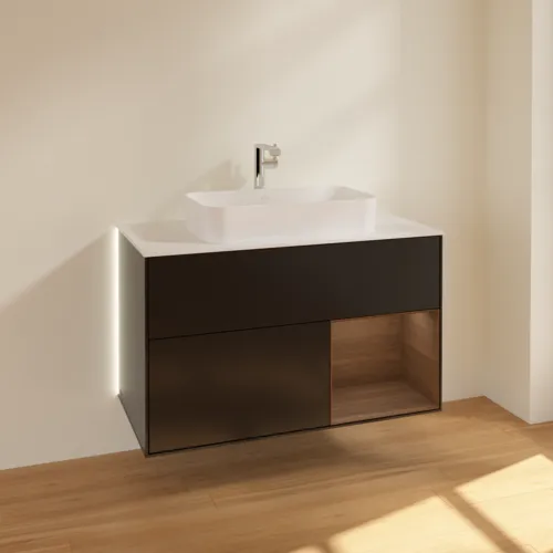 Obrázek VILLEROY BOCH Finion Vanity unit, with lighting, 2 pull-out compartments, 1000 x 603 x 501 mm, Black Matt Lacquer / Walnut Veneer / Glass White Matt #G251GNPD