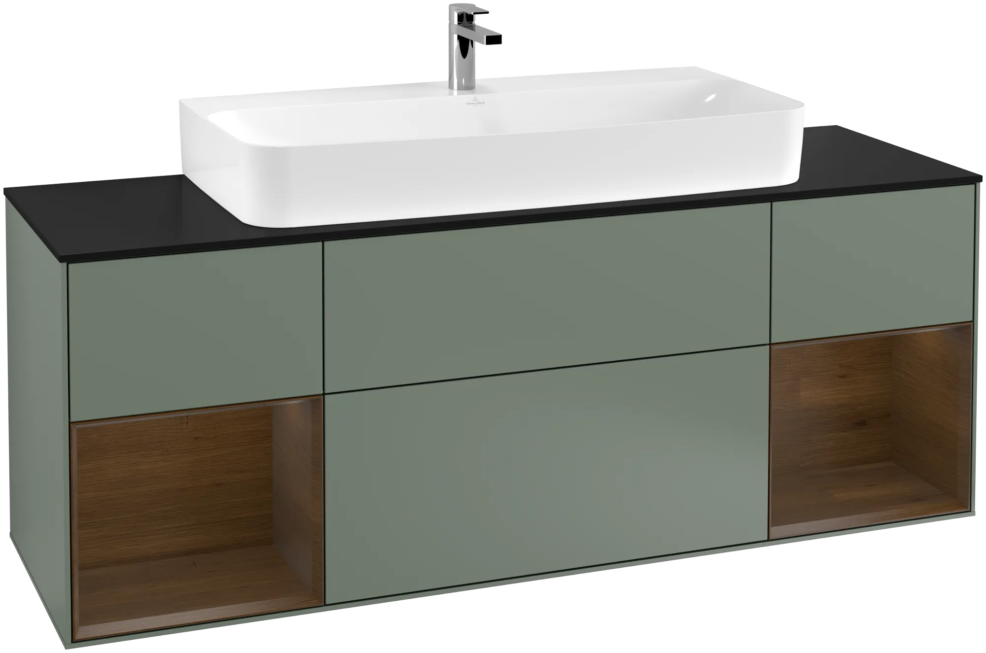 Bild von VILLEROY BOCH Finion Waschbeckenunterschrank, mit Beleuchtung, 4 Auszüge, 1600 x 603 x 501 mm, Olive Matt Lacquer / Walnut Veneer / Glass Black Matt #G212GNGM