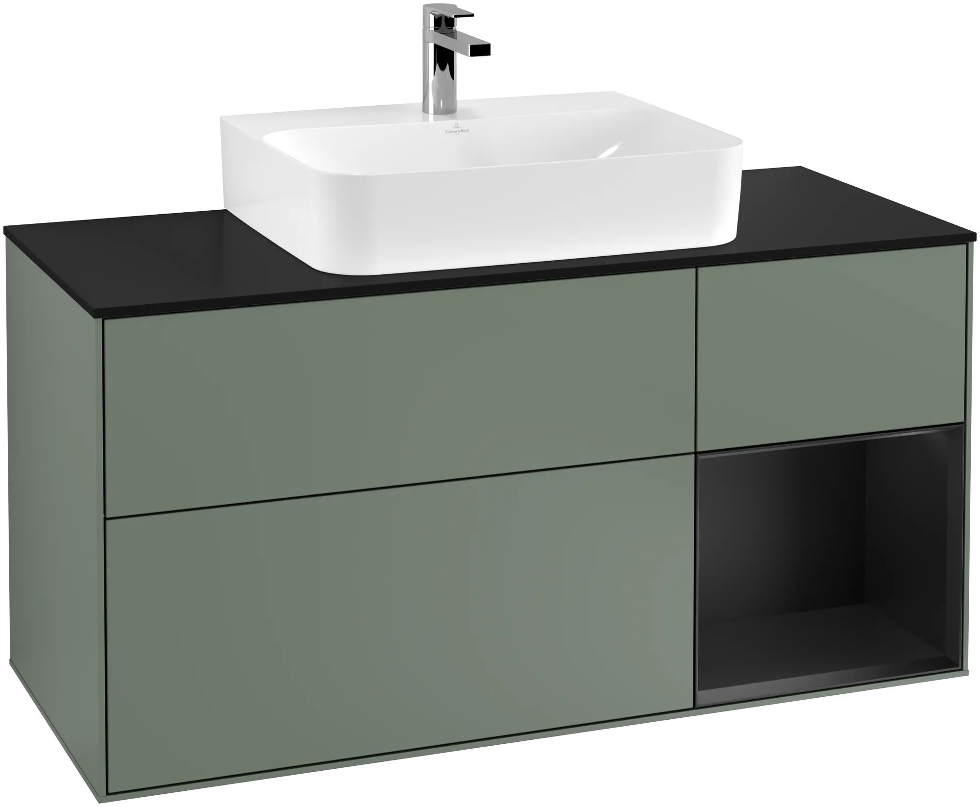 Bild von VILLEROY BOCH Finion Waschbeckenunterschrank, mit Beleuchtung, 3 Auszüge, 1200 x 603 x 501 mm, Olive Matt Lacquer / Black Matt Lacquer / Glass Black Matt #G172PDGM