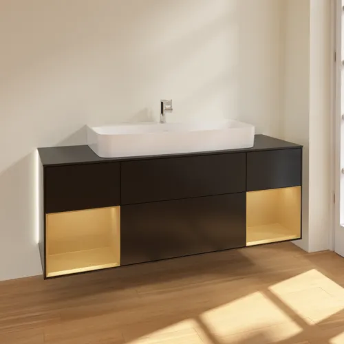 Bild von VILLEROY BOCH Finion Waschbeckenunterschrank, mit Beleuchtung, 4 Auszüge, 1600 x 603 x 501 mm, Black Matt Lacquer / Gold Matt Lacquer / Glass Black Matt #G212HFPD