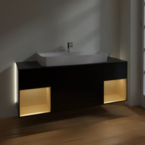 Bild von VILLEROY BOCH Finion Waschbeckenunterschrank, mit Beleuchtung, 4 Auszüge, 1600 x 603 x 501 mm, Black Matt Lacquer / Gold Matt Lacquer / Glass Black Matt #G212HFPD