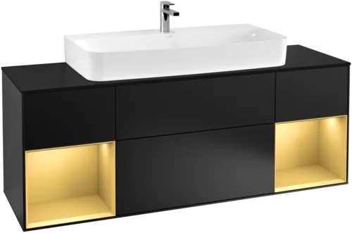 Bild von VILLEROY BOCH Finion Waschbeckenunterschrank, mit Beleuchtung, 4 Auszüge, 1600 x 603 x 501 mm, Black Matt Lacquer / Gold Matt Lacquer / Glass Black Matt #G212HFPD