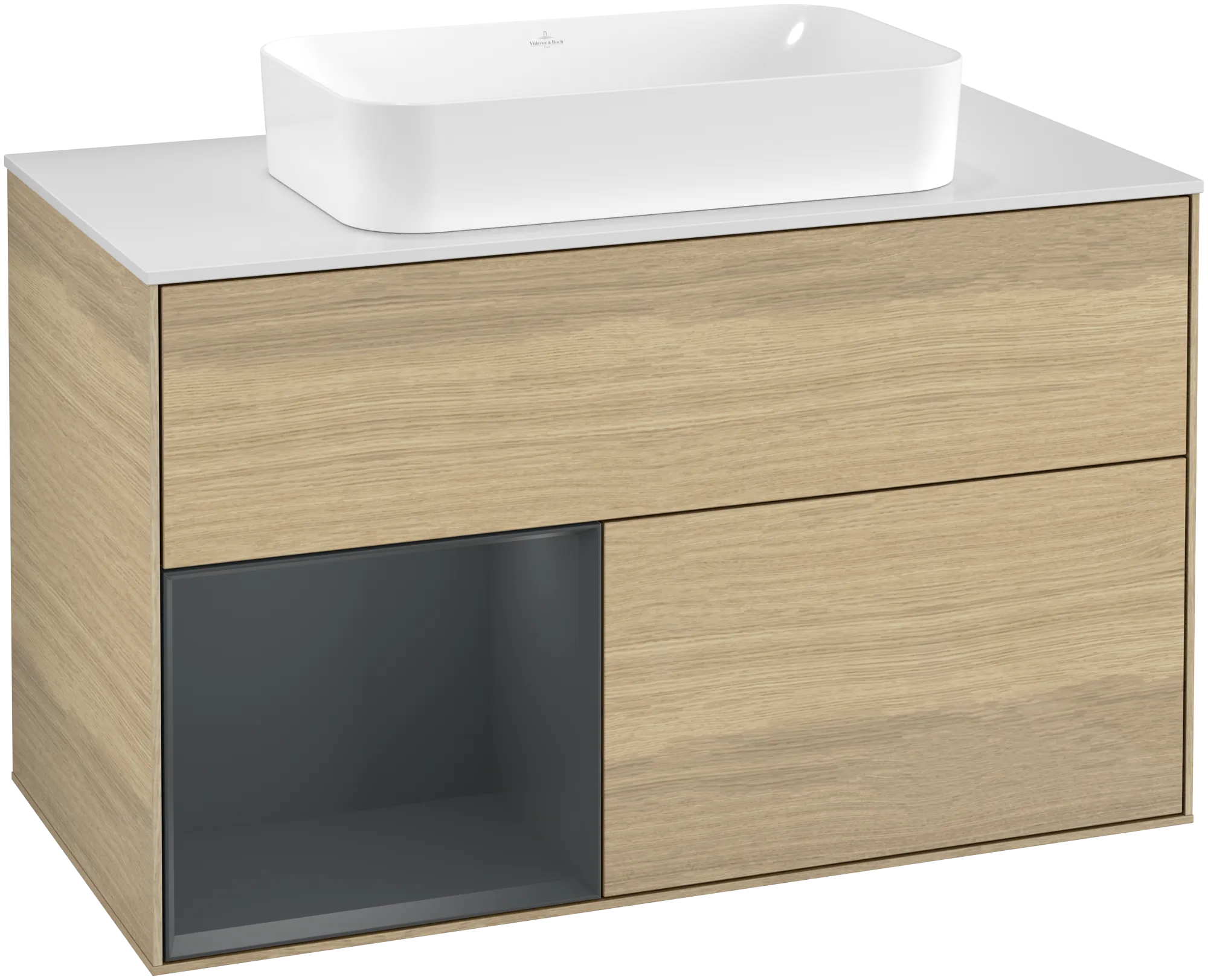 Bild von VILLEROY BOCH Finion Waschbeckenunterschrank, mit Beleuchtung, 2 Auszüge, 1000 x 603 x 501 mm, Oak Veneer / Midnight Blue Matt Lacquer / Glass White Matt #G241HGPC