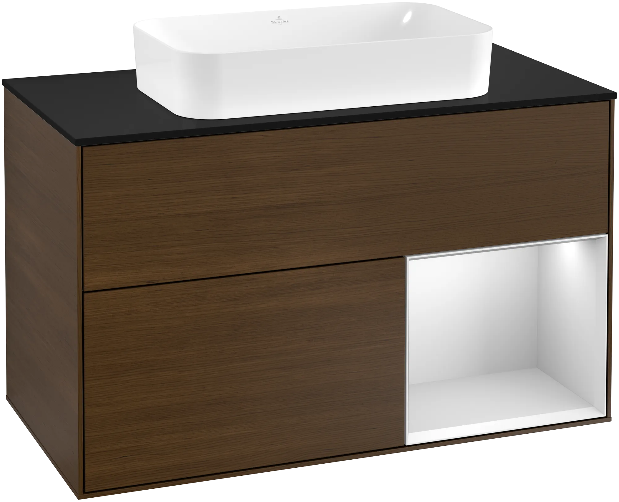 Bild von VILLEROY BOCH Finion Waschbeckenunterschrank, mit Beleuchtung, 2 Auszüge, 1000 x 603 x 501 mm, Walnut Veneer / White Matt Lacquer / Glass Black Matt #G252MTGN