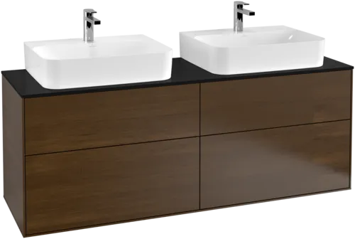 Bild von VILLEROY BOCH Finion Waschbeckenunterschrank, mit Beleuchtung, 4 Auszüge, 1600 x 603 x 501 mm, Walnut Veneer / Glass Black Matt #G18200GN