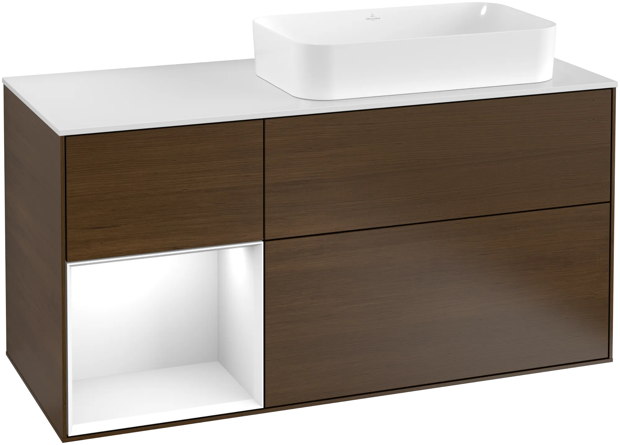 Bild von VILLEROY BOCH Finion Waschbeckenunterschrank, mit Beleuchtung, 3 Auszüge, 1200 x 603 x 501 mm, Walnut Veneer / Glossy White Lacquer / Glass White Matt #G271GFGN