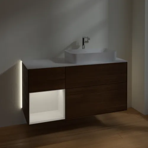 Bild von VILLEROY BOCH Finion Waschbeckenunterschrank, mit Beleuchtung, 3 Auszüge, 1200 x 603 x 501 mm, Walnut Veneer / Glossy White Lacquer / Glass White Matt #G271GFGN
