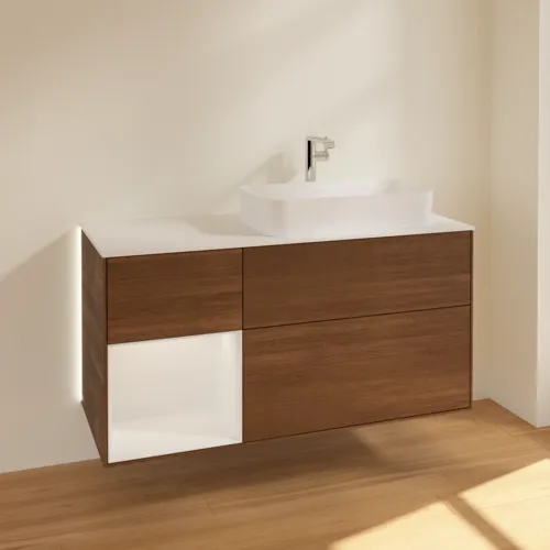 Bild von VILLEROY BOCH Finion Waschbeckenunterschrank, mit Beleuchtung, 3 Auszüge, 1200 x 603 x 501 mm, Walnut Veneer / Glossy White Lacquer / Glass White Matt #G271GFGN