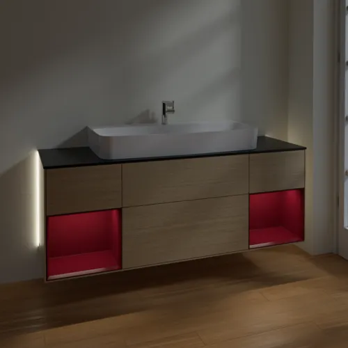 Obrázek VILLEROY BOCH Finion Vanity unit, with lighting, 4 pull-out compartments, 1600 x 603 x 501 mm, Oak Veneer / Peony Matt Lacquer / Glass Black Matt #G212HBPC