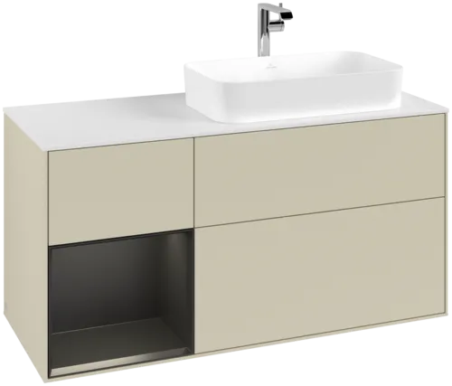 Bild von VILLEROY BOCH Finion Waschbeckenunterschrank, mit Beleuchtung, 3 Auszüge, 1200 x 603 x 501 mm, Silk Grey Matt Lacquer / Black Matt Lacquer / Glass White Matt #G271PDHJ