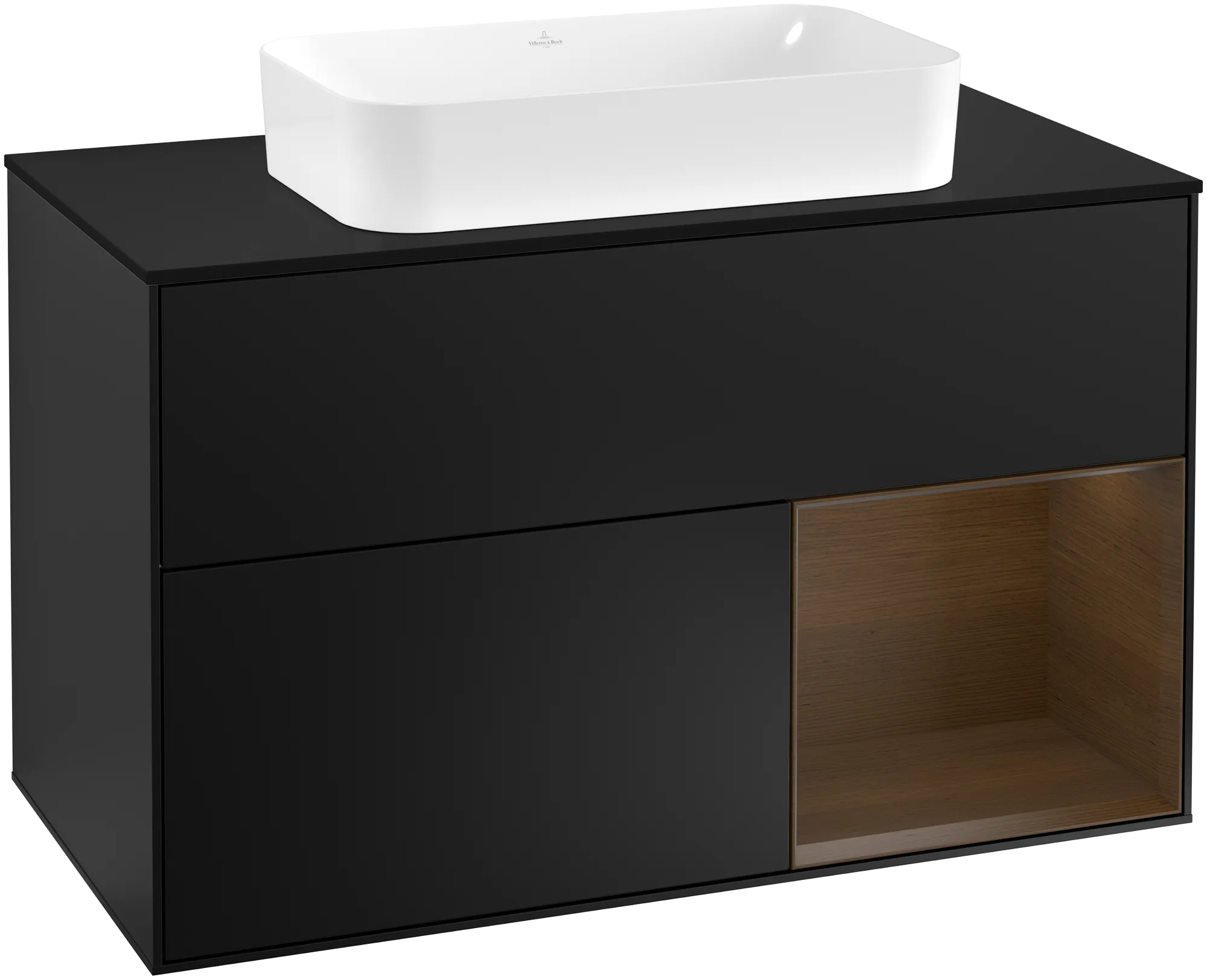 Bild von VILLEROY BOCH Finion Waschbeckenunterschrank, mit Beleuchtung, 2 Auszüge, 1000 x 603 x 501 mm, Black Matt Lacquer / Walnut Veneer / Glass Black Matt #G252GNPD