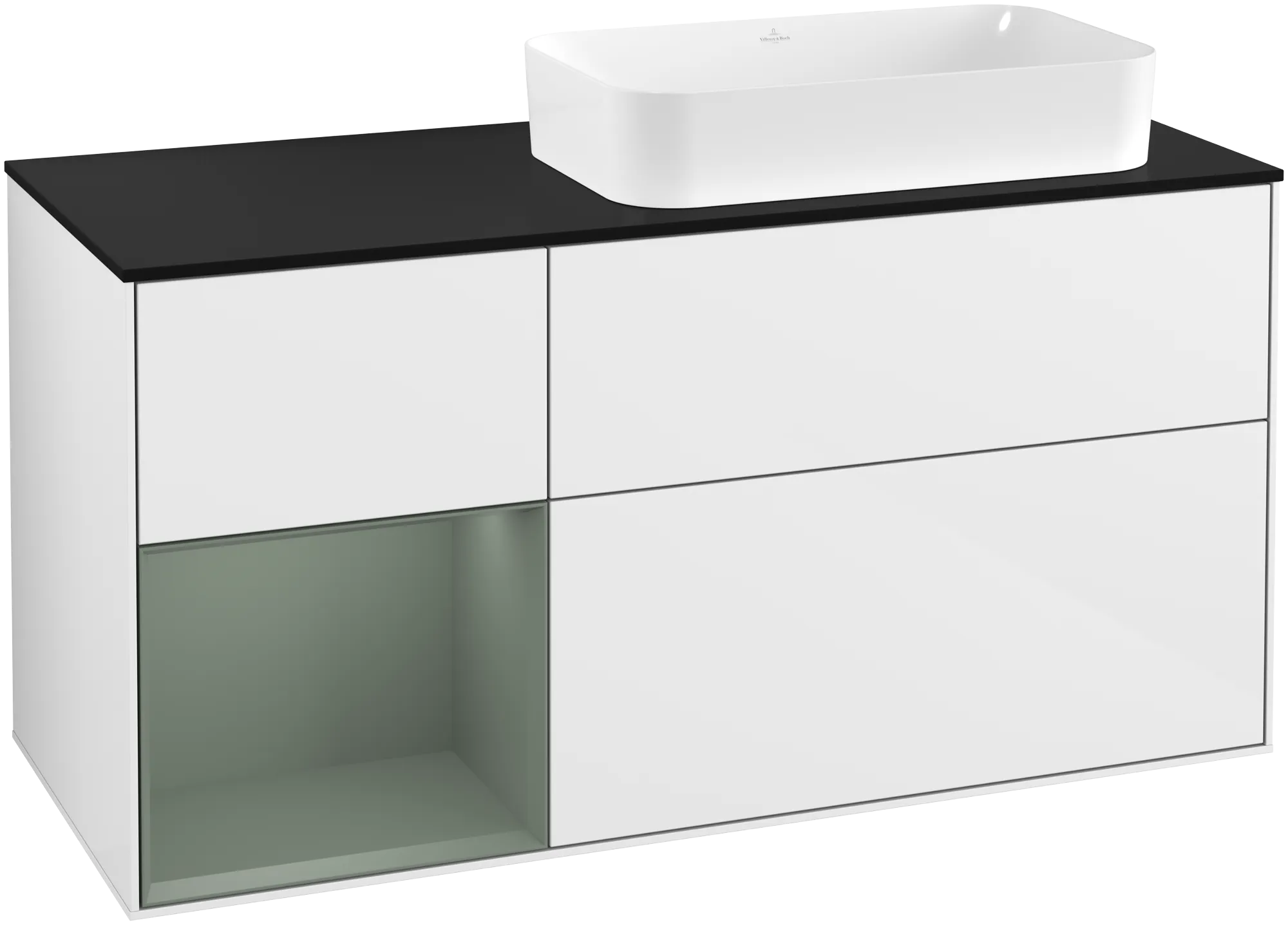 Bild von VILLEROY BOCH Finion Waschbeckenunterschrank, mit Beleuchtung, 3 Auszüge, 1200 x 603 x 501 mm, Glossy White Lacquer / Olive Matt Lacquer / Glass Black Matt #G272GMGF