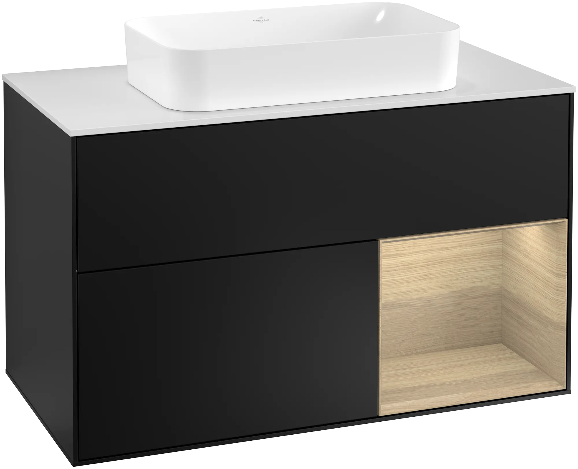Bild von VILLEROY BOCH Finion Waschbeckenunterschrank, mit Beleuchtung, 2 Auszüge, 1000 x 603 x 501 mm, Black Matt Lacquer / Oak Veneer / Glass White Matt #G251PCPD