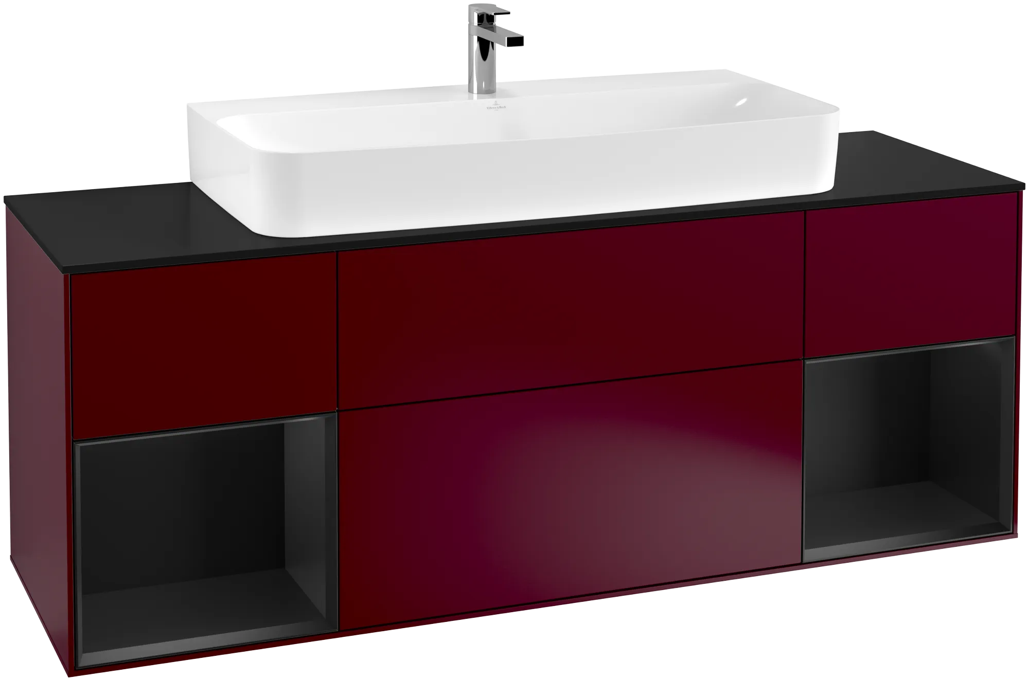 Bild von VILLEROY BOCH Finion Waschbeckenunterschrank, mit Beleuchtung, 4 Auszüge, 1600 x 603 x 501 mm, Peony Matt Lacquer / Black Matt Lacquer / Glass Black Matt #G212PDHB
