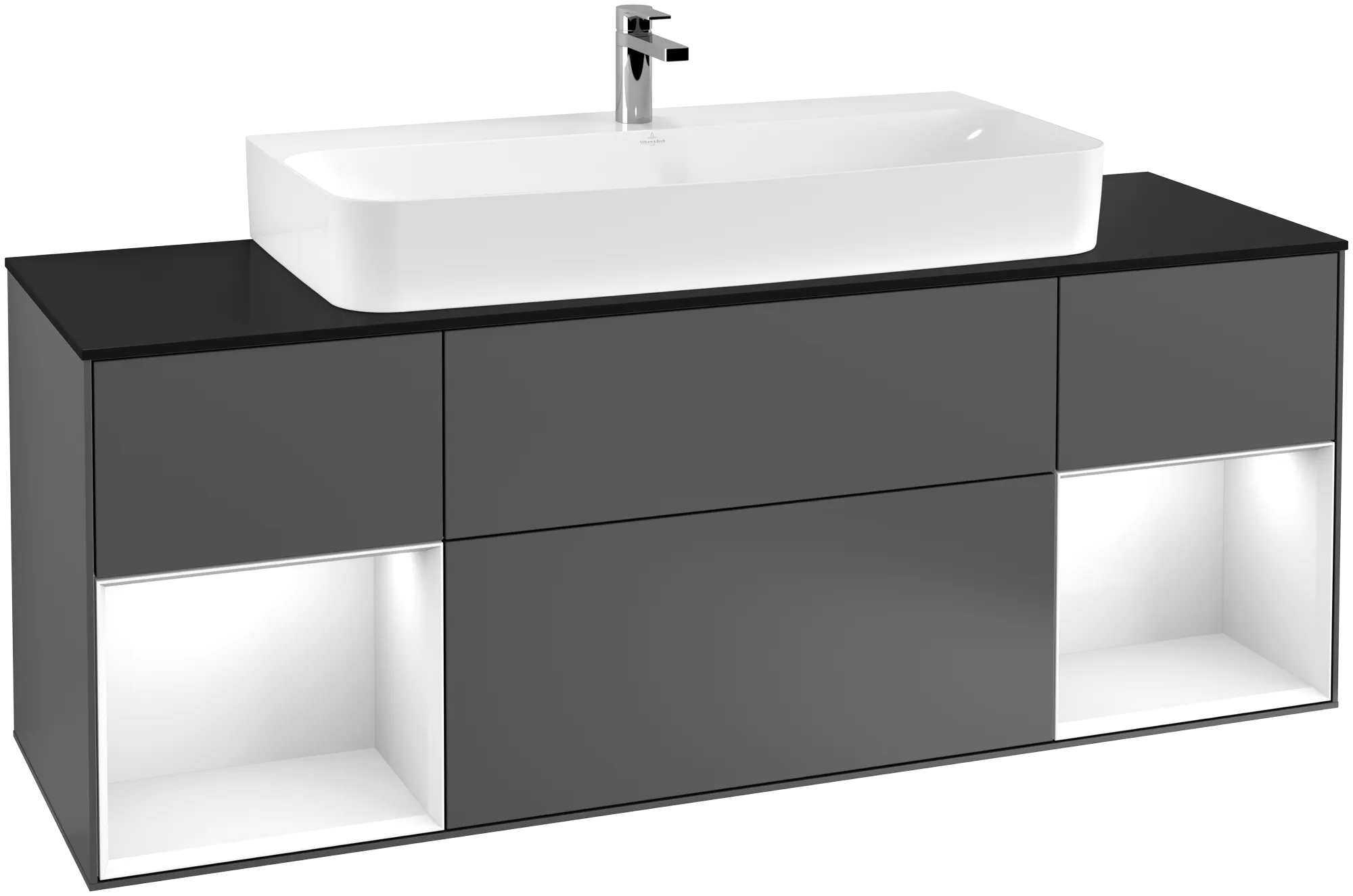 Bild von VILLEROY BOCH Finion Waschbeckenunterschrank, mit Beleuchtung, 4 Auszüge, 1600 x 603 x 501 mm, Anthracite Matt Lacquer / Glossy White Lacquer / Glass Black Matt #G212GFGK