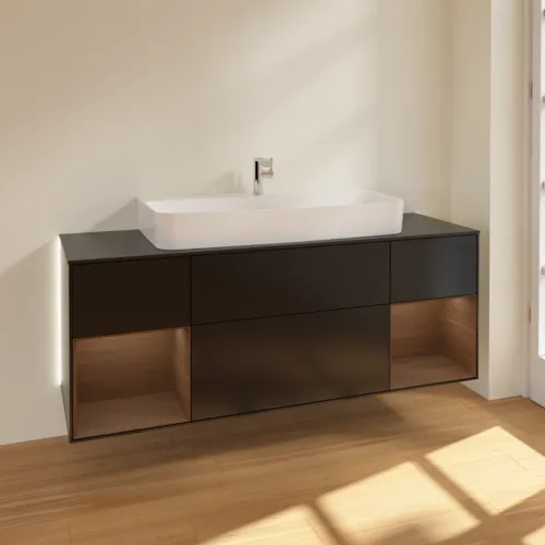 Bild von VILLEROY BOCH Finion Waschbeckenunterschrank, mit Beleuchtung, 4 Auszüge, 1600 x 603 x 501 mm, Black Matt Lacquer / Walnut Veneer / Glass Black Matt #G212GNPD