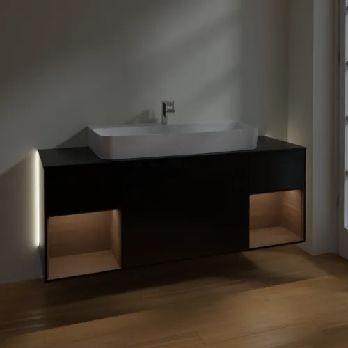 Bild von VILLEROY BOCH Finion Waschbeckenunterschrank, mit Beleuchtung, 4 Auszüge, 1600 x 603 x 501 mm, Black Matt Lacquer / Walnut Veneer / Glass Black Matt #G212GNPD