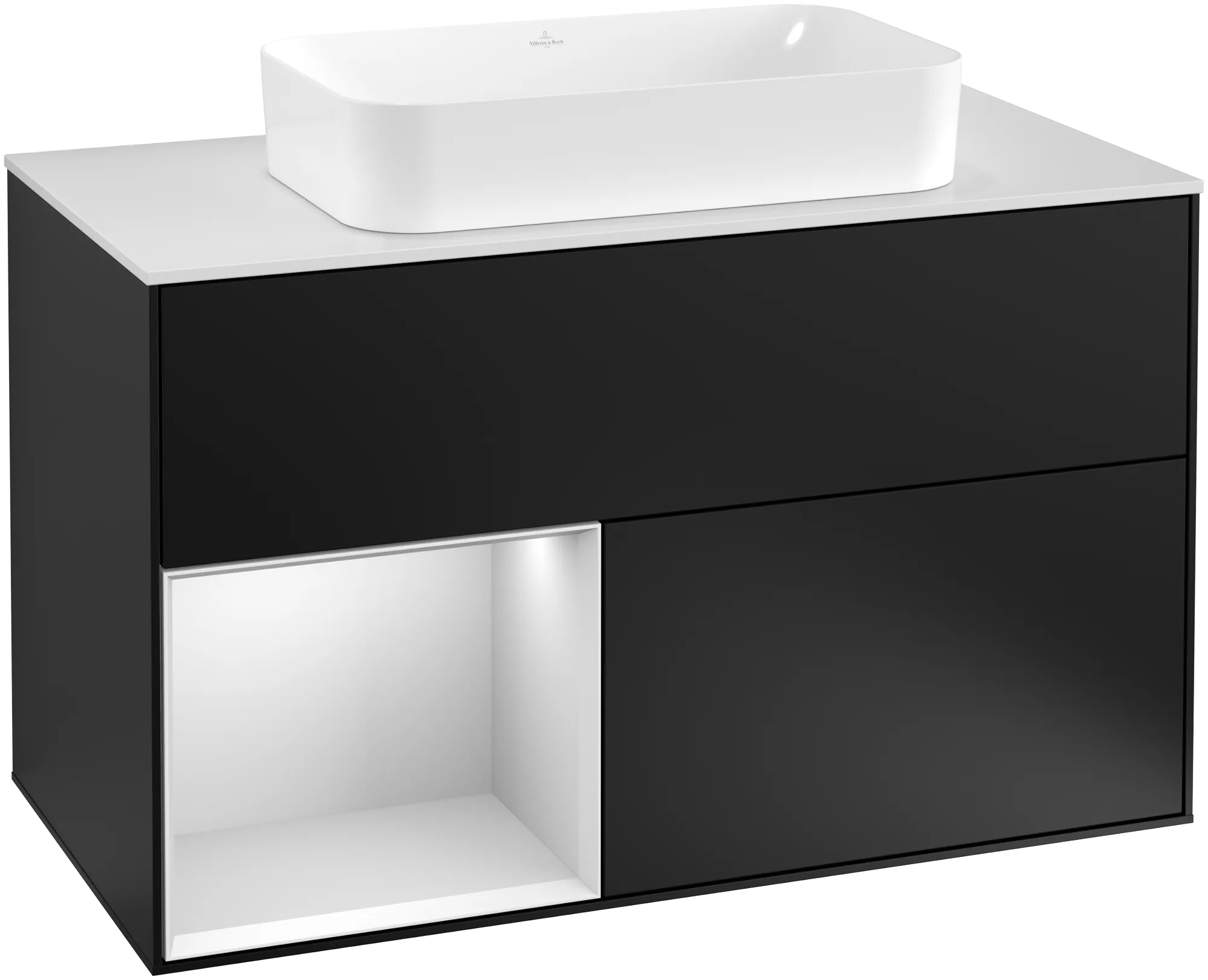Bild von VILLEROY BOCH Finion Waschbeckenunterschrank, mit Beleuchtung, 2 Auszüge, 1000 x 603 x 501 mm, Black Matt Lacquer / White Matt Lacquer / Glass White Matt #G241MTPD